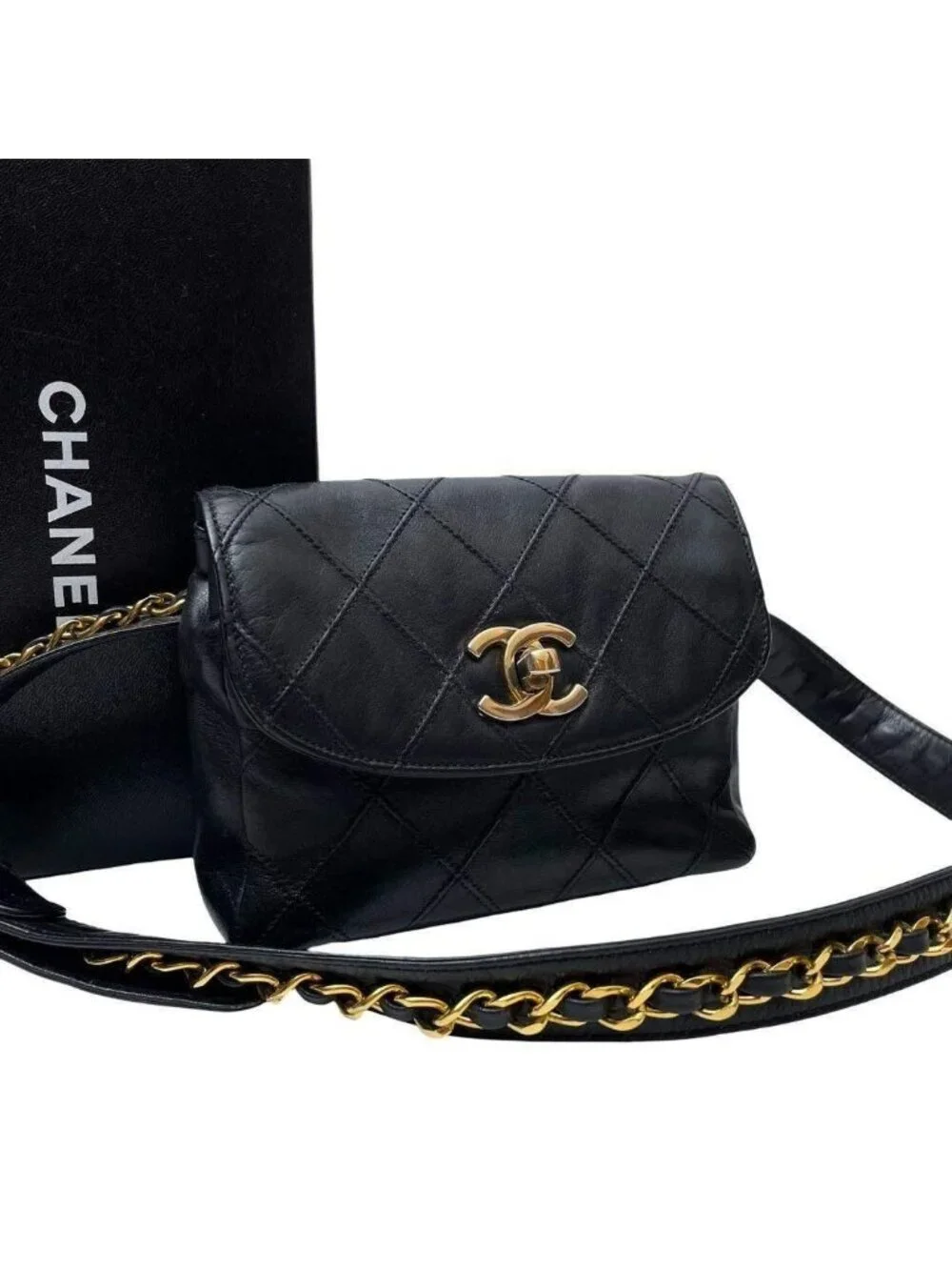 Chanel Bicolor Quilted Waist Bag Pouch CC Logo Black